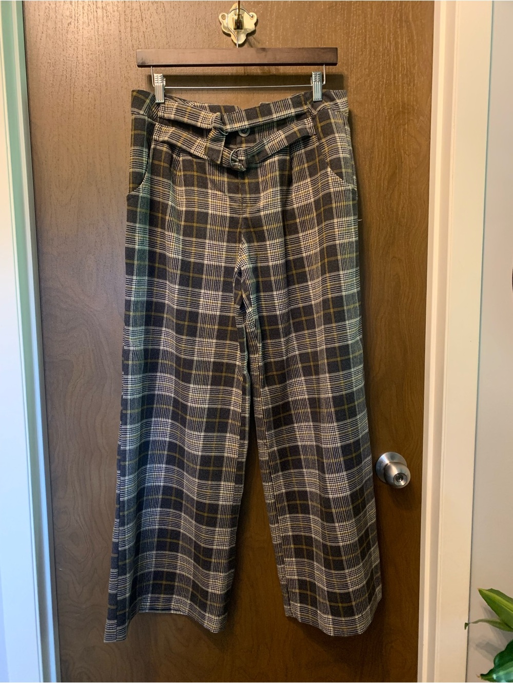Free People Plaid Wide-Leg Trousers in Brown and Cream